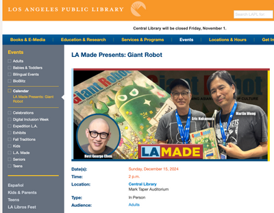 Event: Dec 15th Los Angeles Public Library: LA Made Presents: Giant Robot