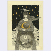 Black ink illustration of a woman wearing a dress made of small leaves, holding a crescent moon to her chest. A bird sits atop her head.