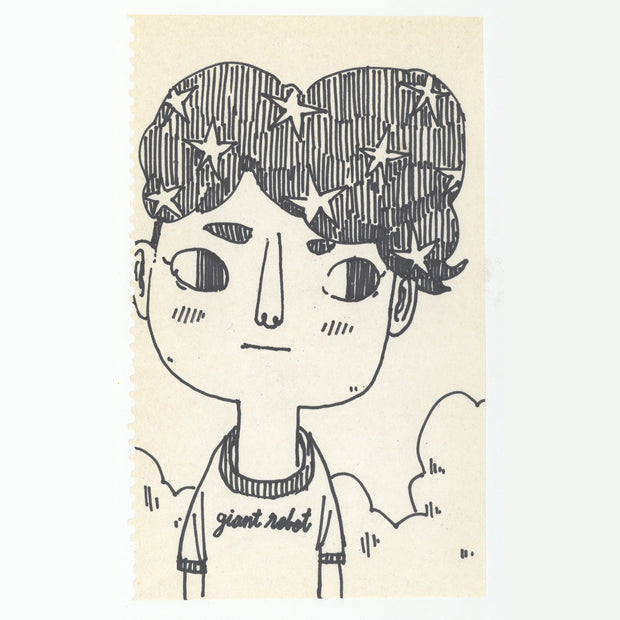 Marker illustration of a character standing with a fluffy star patterned hair. He wears a shirt that says "giant robot"