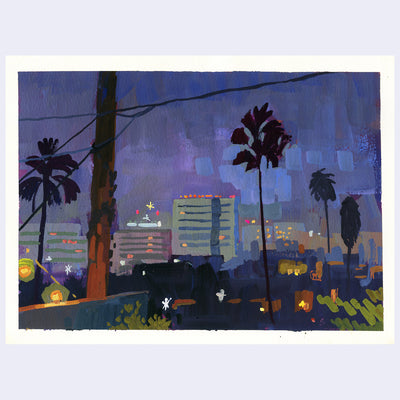 Plein air night time painting of a view of a city in the distance, emitting warm lights against a purple night sky. Palm tree silhouettes are in the foreground.