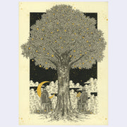 Black ink illustration on yellow toned paper of a large tree with 2 cloaked characters, sitting in chairs at the base of it. They both face away from the viewer: one holds a large crescent moon and the other a basket of stars.