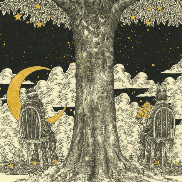 Black ink illustration on yellow toned paper of a large tree with 2 cloaked characters, sitting in chairs at the base of it. They both face away from the viewer: one holds a large crescent moon and the other a basket of stars.