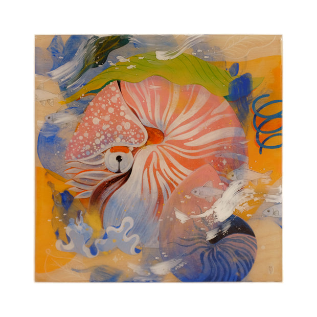 Painting done in a collage style of an orange and white nautilus, surrounded by semi abstract ocean elements such as: fish, kelp, waves, etc. 