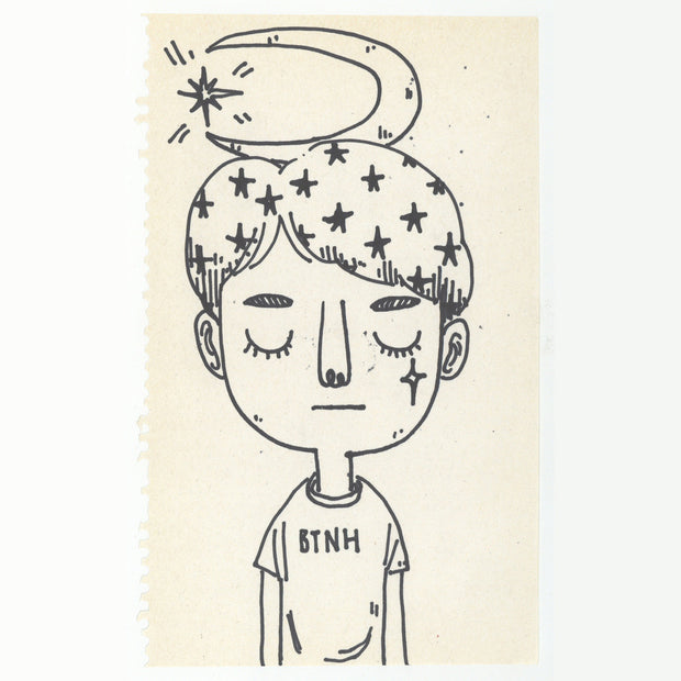 Marker illustration of a character with short, star patterned hair, with closed eyes and a moon atop his head.