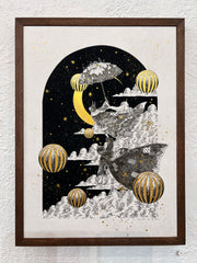 Black ink illustration of a cloudy night sky with golden stars. A cloaked woman and a cloaked humanoid cat float through it with an umbrella.