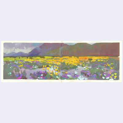 Plein air painting of a field full of yellow and purple flowers, with a large mountain range in the background.