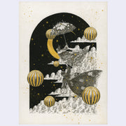 Black ink illustration of a cloudy night sky with golden stars. A cloaked woman and a cloaked humanoid cat float through it with an umbrella.