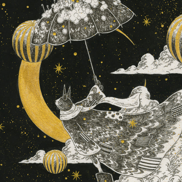 Black ink illustration of a cloudy night sky with golden stars. A cloaked woman and a cloaked humanoid cat float through it with an umbrella. Close up detail.