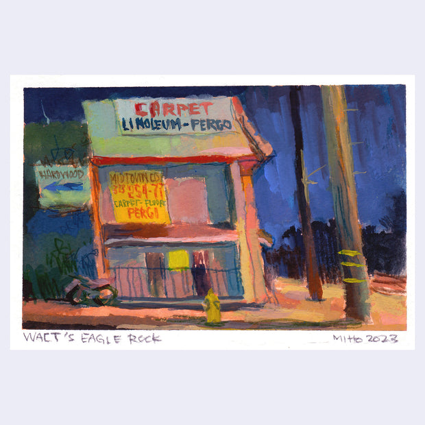 Plein air painting of a store at night, advertising "Carpet and Linoleum" a fence blocks in the ground level and a motorcycle is parked on the sidewalk.