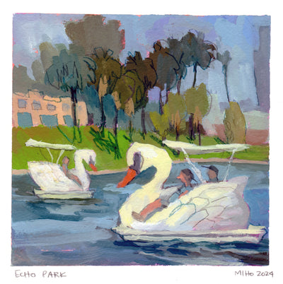 Plein air painting of Echo Park Lake, with 2 swan boats floating on the water with riders in each. Palm trees are in the background.