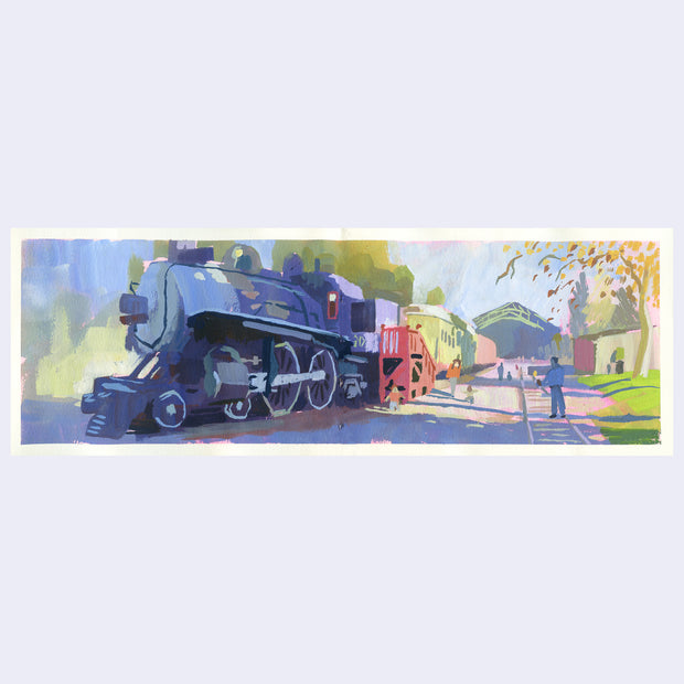 Plein air painting of a large black locomotive train parked with a red wooden staircase leading up to it.