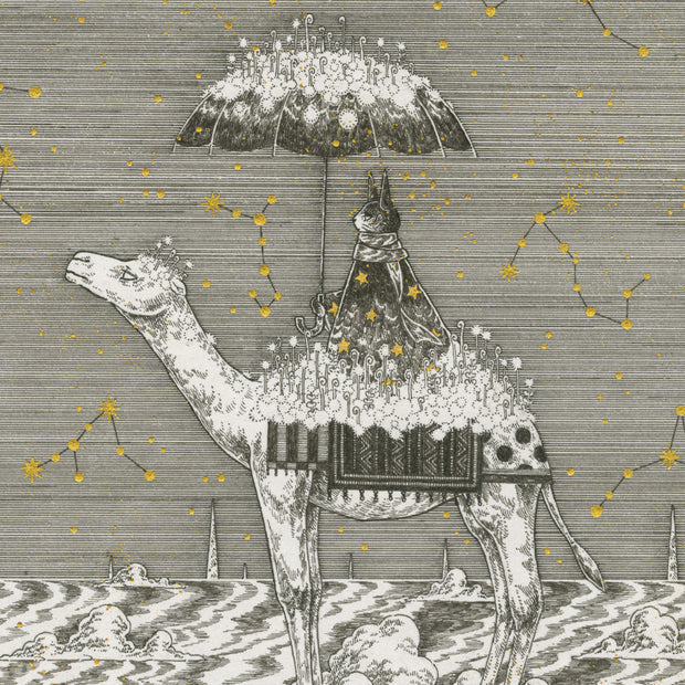 Ink illustration of a cat sitting atop a camel and holding an umbrella. Many small sprouts grow out of the umbrella and camel's back.