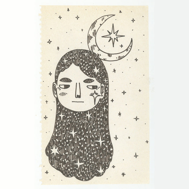 Marker illustration of a woman with long, starry patterned hair. She has an apathetic expression and a crescent moon is atop its head.