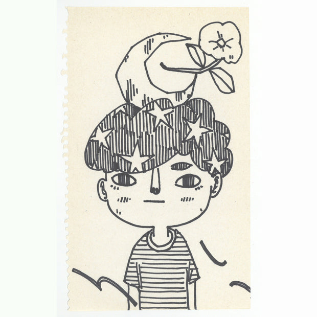 Marker illustration of a boy with fluffy, star patterned hair with a crescent moon atop its head and a flower.