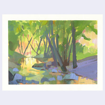 Plein air painting of a river with many stones in it. Trees line the sides of it, providing shade over the whole river.