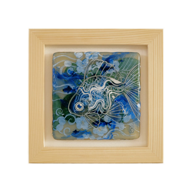 Painting of a line art goldfish atop of a blue and green abstract design in the background. Piece is coated in resin and within a wooden frame.