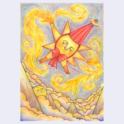 Colored pencil illustration in warm tones of a star with a very large pointed red cap, red boots and a red bow. It flies through the night sky, illuminating it with yellow curving rays over cloudy mountains.