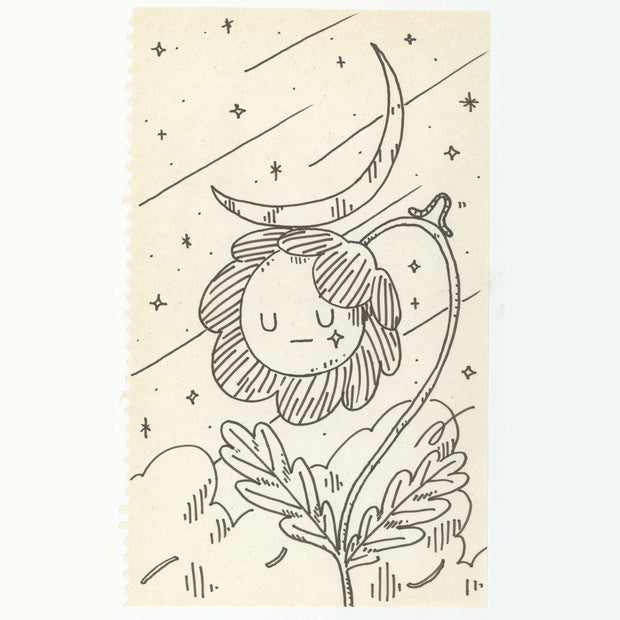 Marker illustration of a flower with a closed eye expression with a sad positioning and a small crescent moon atop its head.