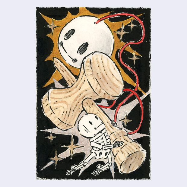 Watercolor and ink illustration of a small cartoon skeleton holding a large wooden kendama, with the ball having a skeleton face.