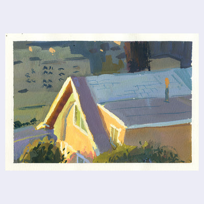 Plein air painting of a house seen from above, with the sun illuminating the front of the house while the rest is cast in a subtle shadow.