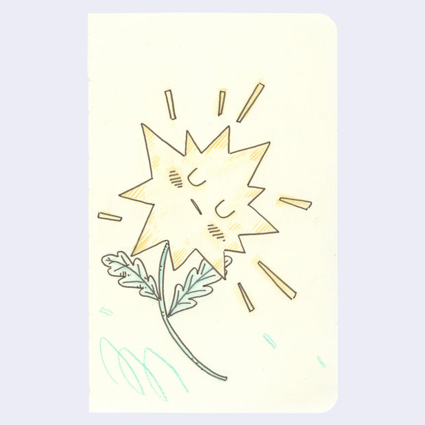 Line art illustration of a star shaped flower with a thin stem and a closed eye, calm expression.