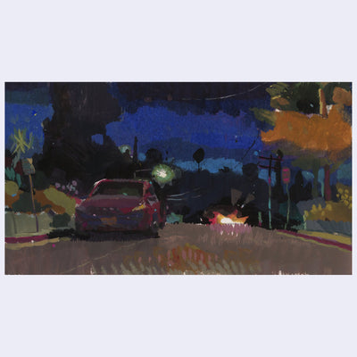 Plein air night time painting of a street with a red car parked and trees and plants lining the sidewalk. The night sky is bright blue with dark shadows. Headlights from a car shine.