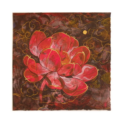 Painting of a red flower with gold outlining, atop of burgundy and deep brown. Gold cloud line art in the background. 