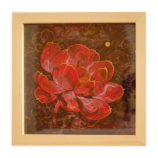 Painting of a red flower with gold outlining, atop of burgundy and deep brown. Gold cloud line art in the background. Piece is in wooden frame.