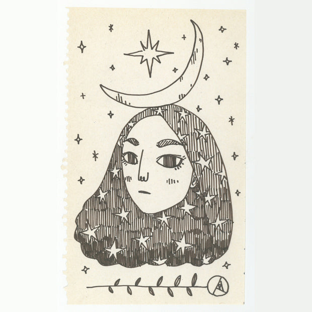 Marker illustration of a girl with long starry patterned hair and a crescent atop her head.