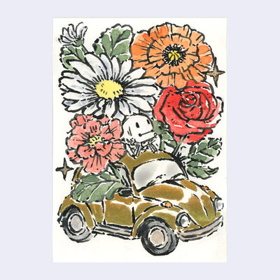 Drawing of a small golden VW Beetle with a large bouquet of flowers coming out the top.