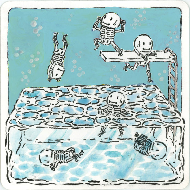 Ink and watercolor illustration of a pool, holding its shape without any outer vessel so the water can be seen as a cube. Small cartoon skeletons swim and play on a diving board.