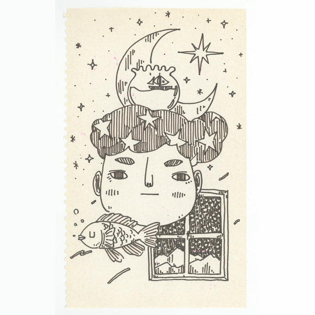 Marker illustration of a character with a round face and fluffy star patterned hair. Atop his head is a crescent moon and a fish bowl.