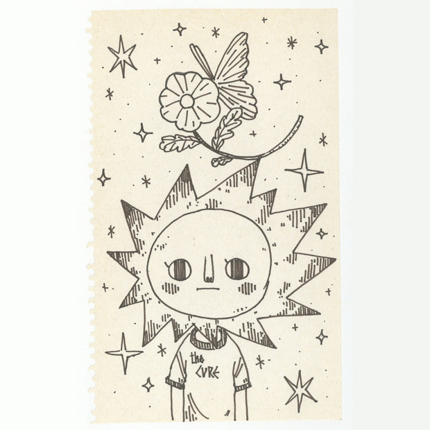 Marker illustration of a sun character with a flower atop its head and a butterfly atop that.