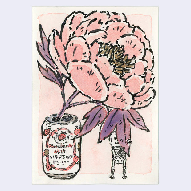 Ink and watercolor illustration of a large pink flower, with its stem inside a small can of strawberry milk. A small cartoon skeleton hides behind one of its leaves.