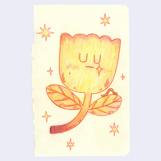 Yellow and orange color pencil drawing of a flower shaped like a tulip with a closed eye facial expression and a single star shaped tear falling.