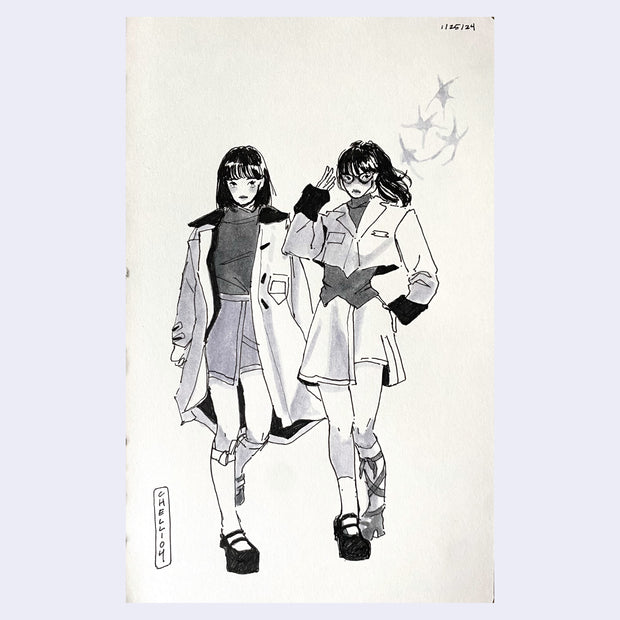 Ink sketch of 2 girls walking and dressed fashionably, posing.