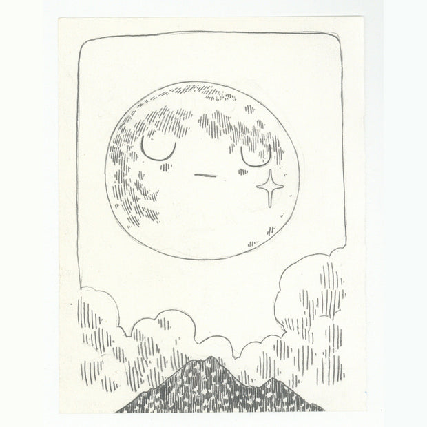 Pencil illustration of a moon floating over a small mountain range with clouds.