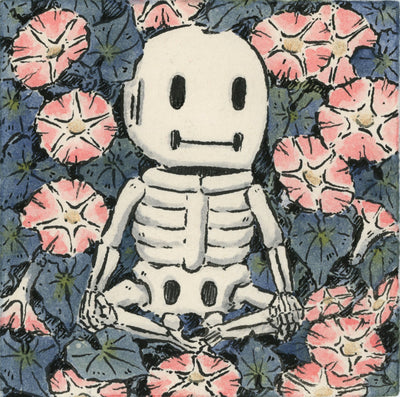 Ink and watercolor illustration of a cartoon skeleton, sitting cross legged over a full background of pink morning glory flowers.