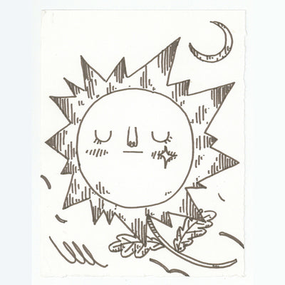 Marker drawing of a sun shaped flower with a closed eye facial expression.