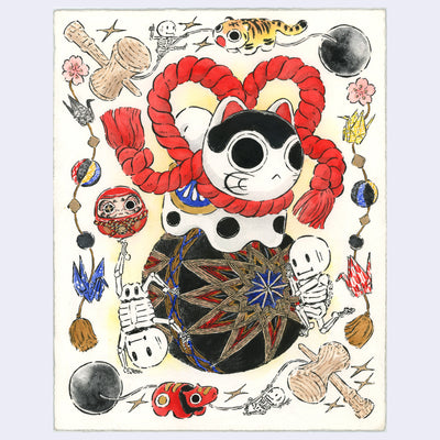 Ink and watercolor illustration of a Japanese Inu Hariku with a thick red rope tied around itself. It stands atop an ornately woven black ball with 2 cartoon skeletons playing on it. Various Japanese toys and symbolic items build a border around the scene.