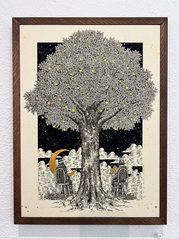 Black ink illustration on yellow toned paper of a large tree with 2 cloaked characters, sitting in chairs at the base of it. They both face away from the viewer: one holds a large crescent moon and the other a basket of stars.