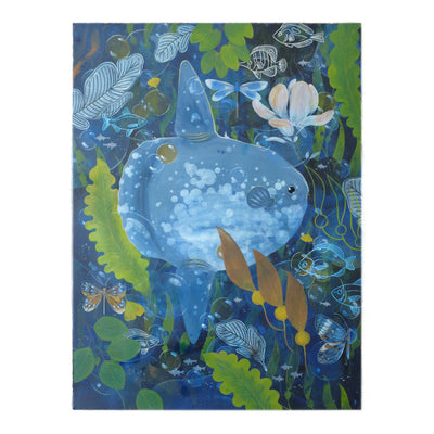 Painting of a large blue sunfish on dark blue background with various ocean themed drawings around it like a collage. Elements include: fish, bubbles, kelp and sea greenery. 