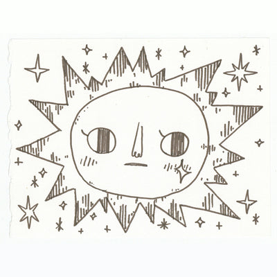 Marker illustration of a sun with a characterized face and stars.