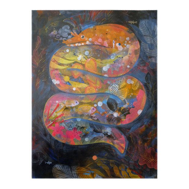 Painting of a large orange eel, with its body decorated with fish, plants and flowers. Background is dark blue with more imagery of leaves and kelp made to look like a collage of sorts.