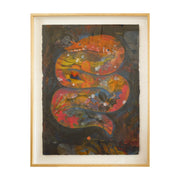 Painting of a large orange eel, with its body decorated with fish, plants and flowers. Background is dark blue with more imagery of leaves and kelp made to look like a collage of sorts. Piece is in thin wooden frame.