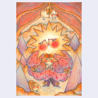 Colored pencil illustration of large sun character with a concerned face, they wear a very fluffy dress and could a displeased cloud baby. Mountains and clouds make up the background, with a red curtain overhead.