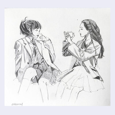 Pencil sketch of 2 girls sitting on a bench, one video tapes the other making a silly face.