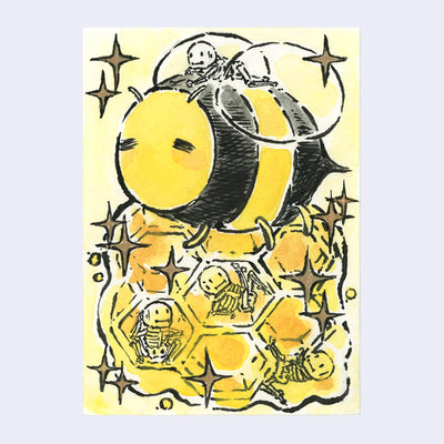 Ink and watercolor illustration of a cartoon chubby bee, with a closed eye expression flying and carrying a honeycomb encased in honey with small skeletons. 