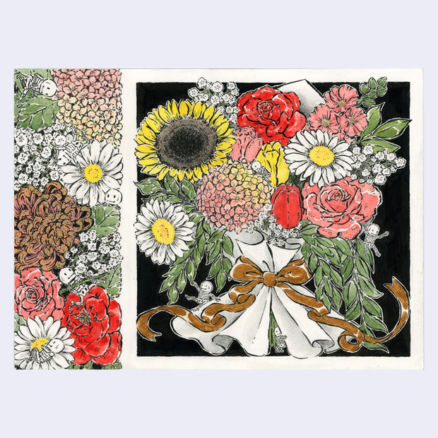 Ink and colored pencil drawing of a large flower bouquet, with gold ribbon wrapping and small cartoon skeletons hanging around the bottom. The left side of the paper includes a rectangle close up of more flowers.