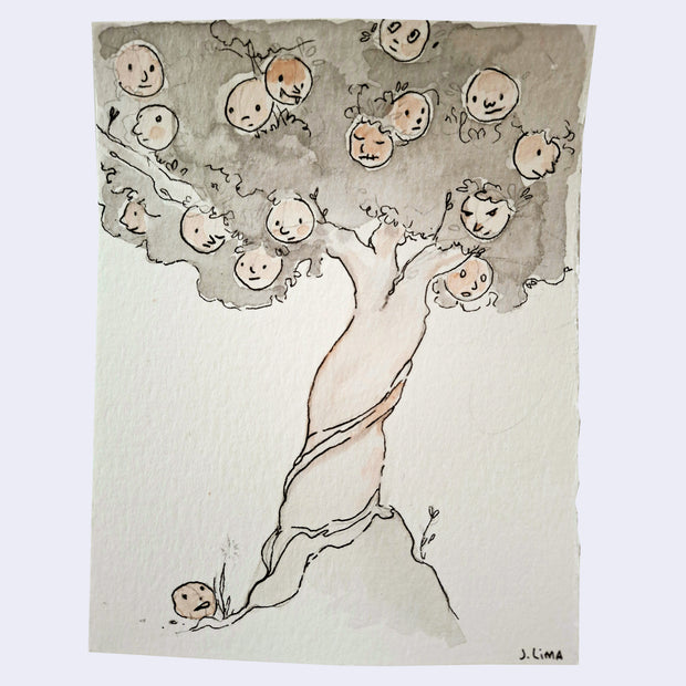 Watercolor illustration of a tree with many leaves and fruit with faces drawn on them.